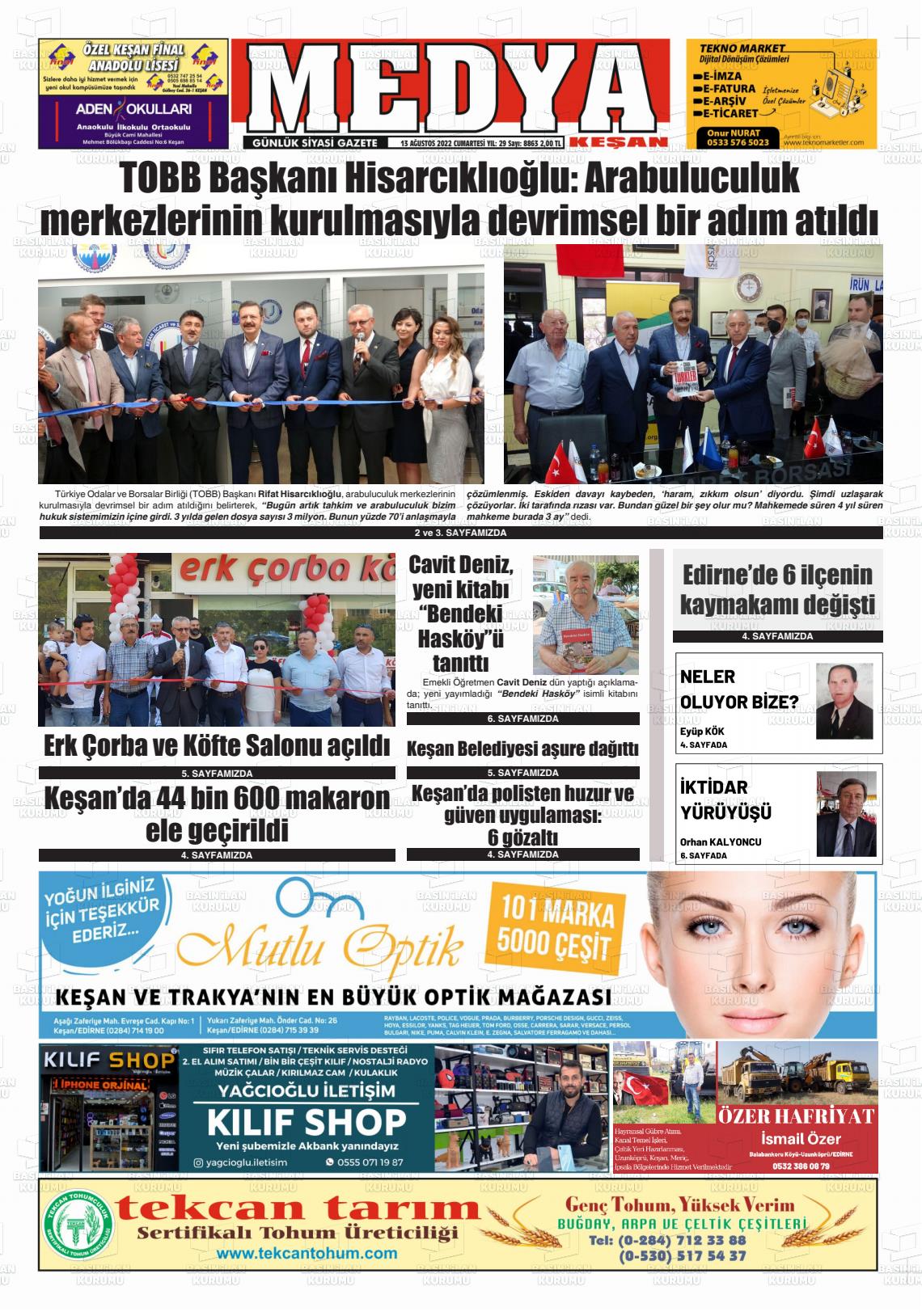 13 Ağustos 2022 Medya Keşan Gazete Manşeti
