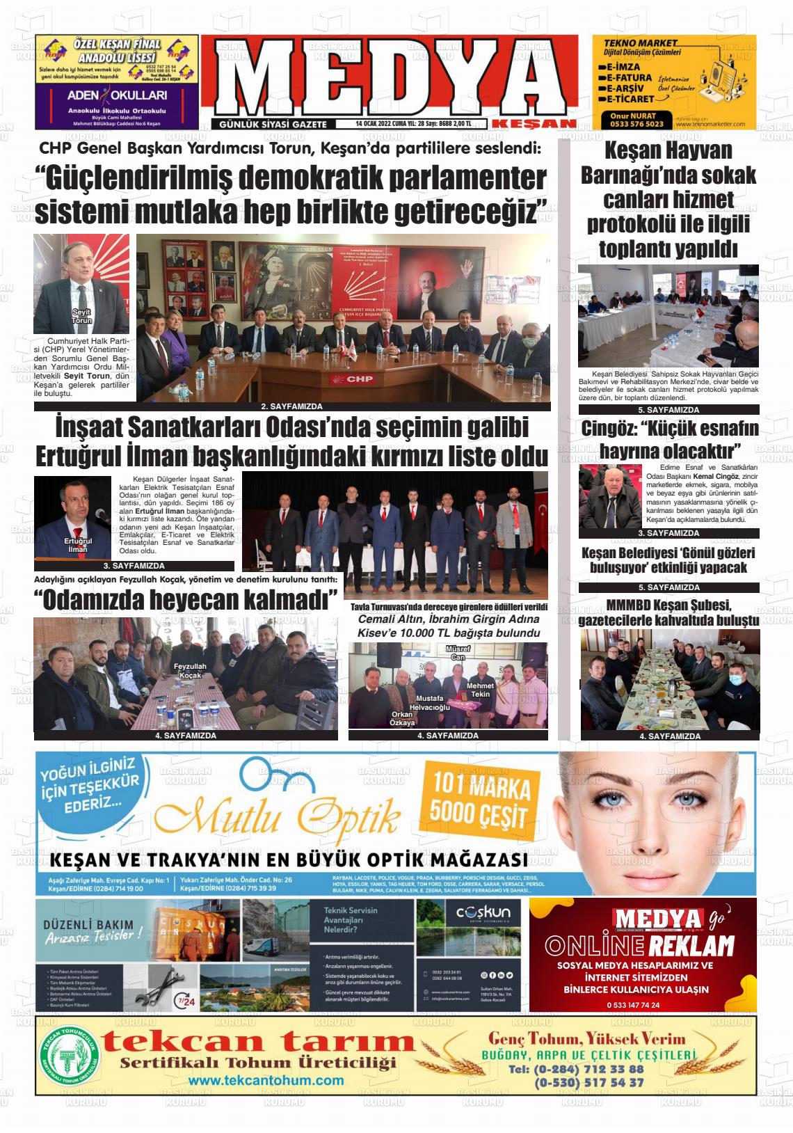 14 Ocak 2022 Medya Keşan Gazete Manşeti