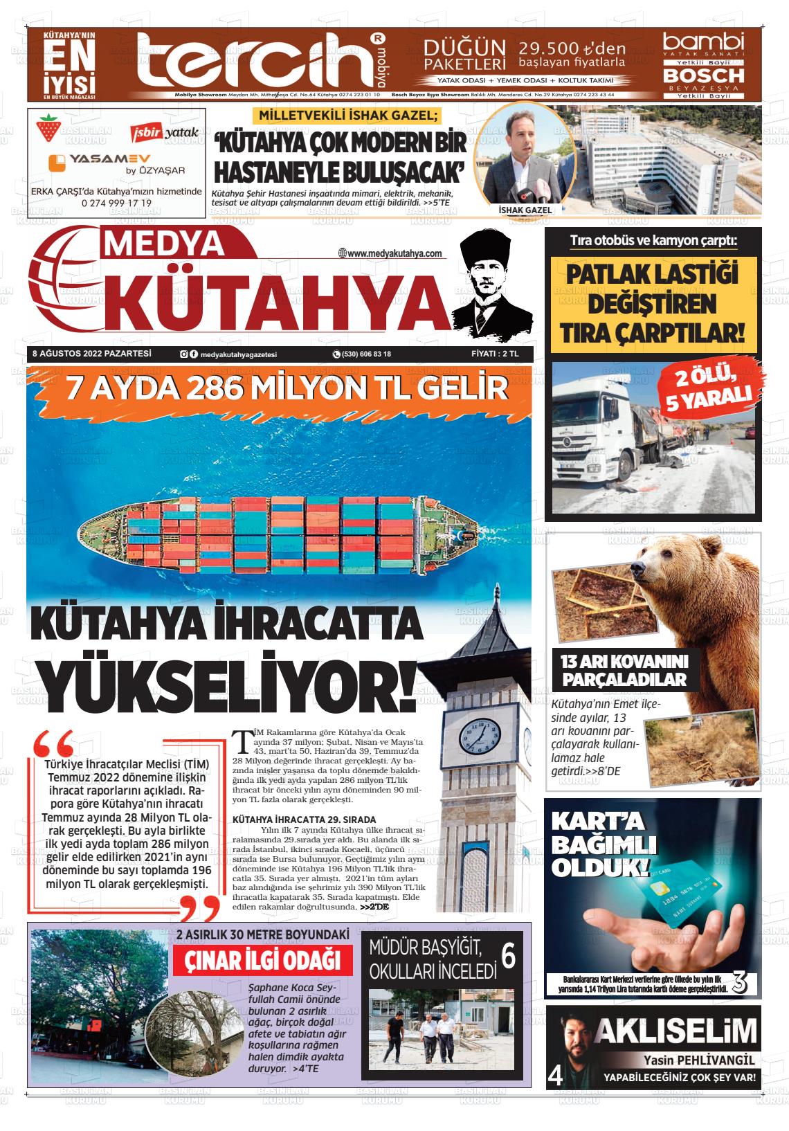 08 Ağustos 2022 Medya Kütahya Gazete Manşeti