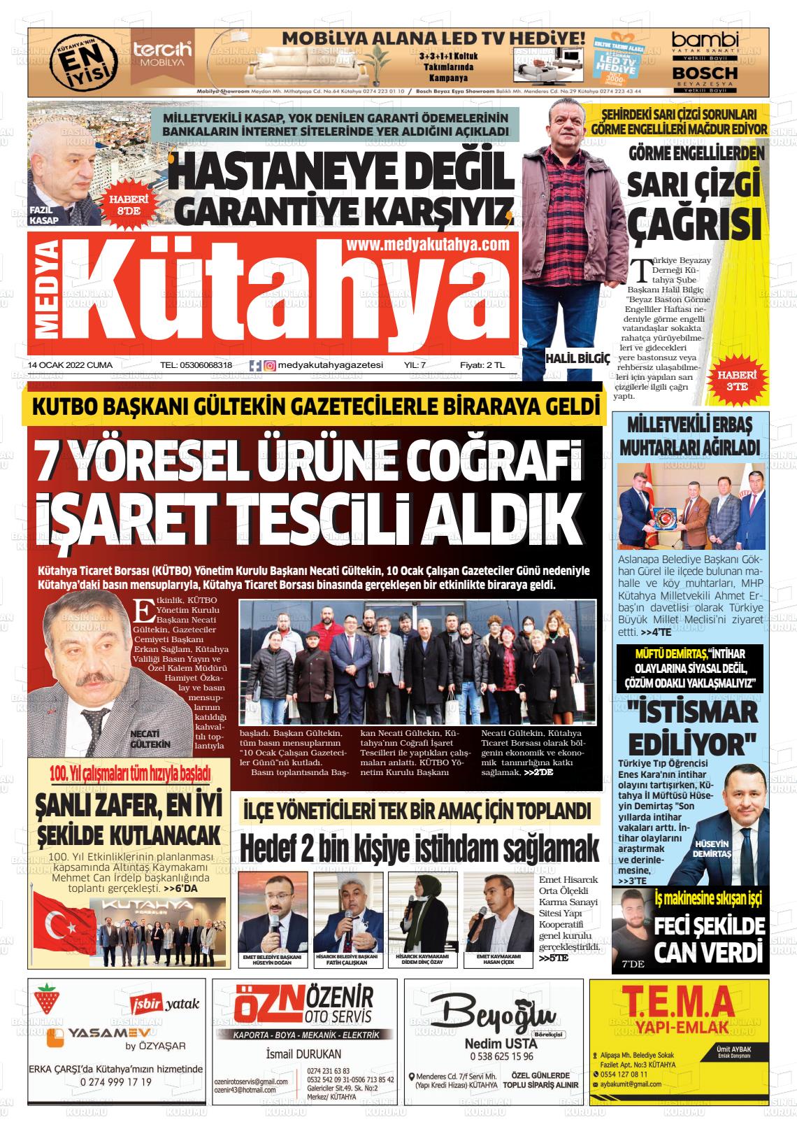 14 Ocak 2022 Medya Kütahya Gazete Manşeti