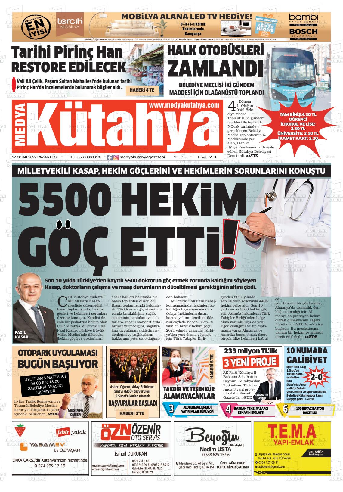 17 Ocak 2022 Medya Kütahya Gazete Manşeti