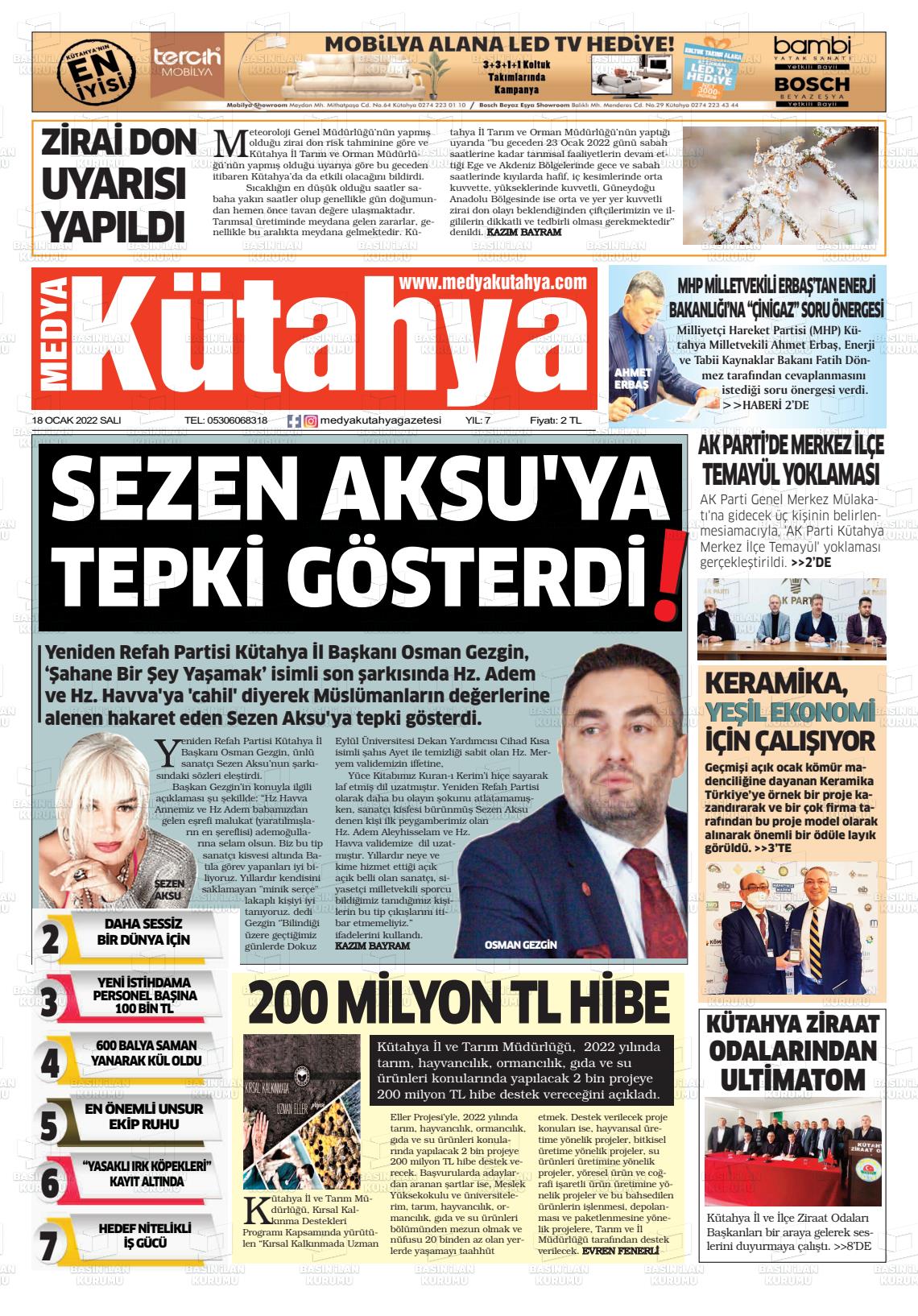 18 Ocak 2022 Medya Kütahya Gazete Manşeti