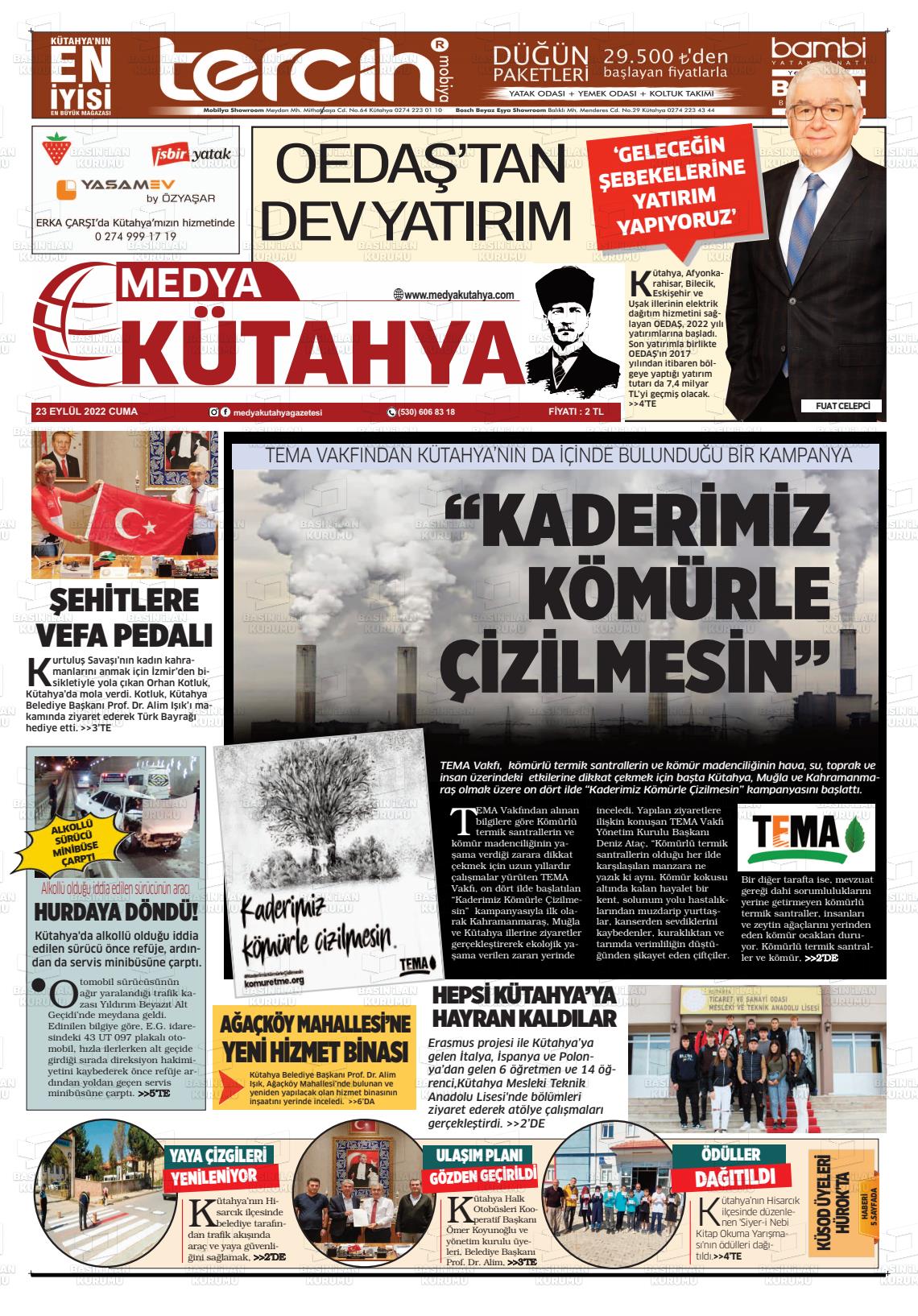 23 Eylül 2022 Medya Kütahya Gazete Manşeti