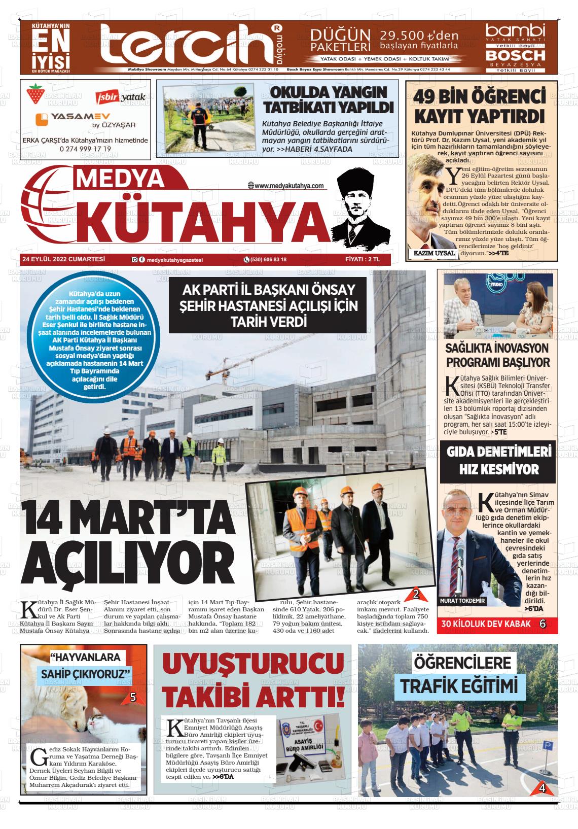 24 Eylül 2022 Medya Kütahya Gazete Manşeti