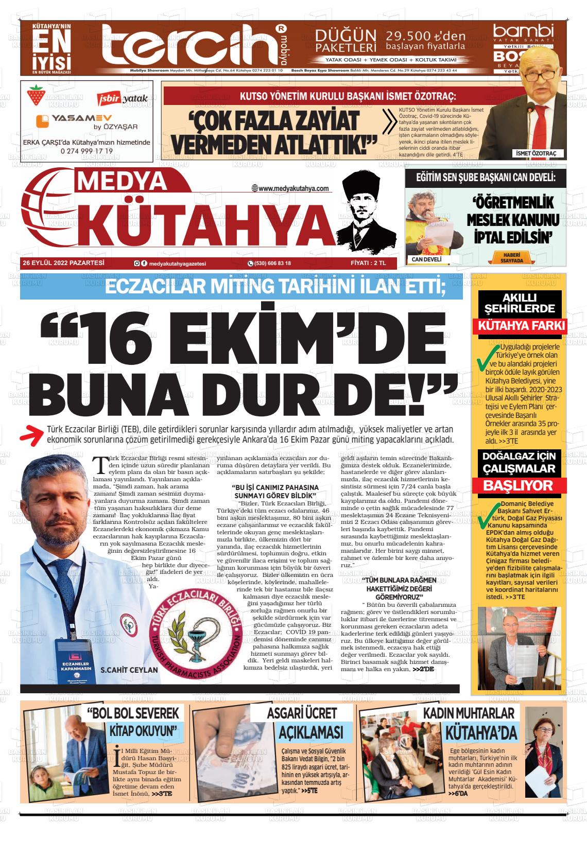 26 Eylül 2022 Medya Kütahya Gazete Manşeti