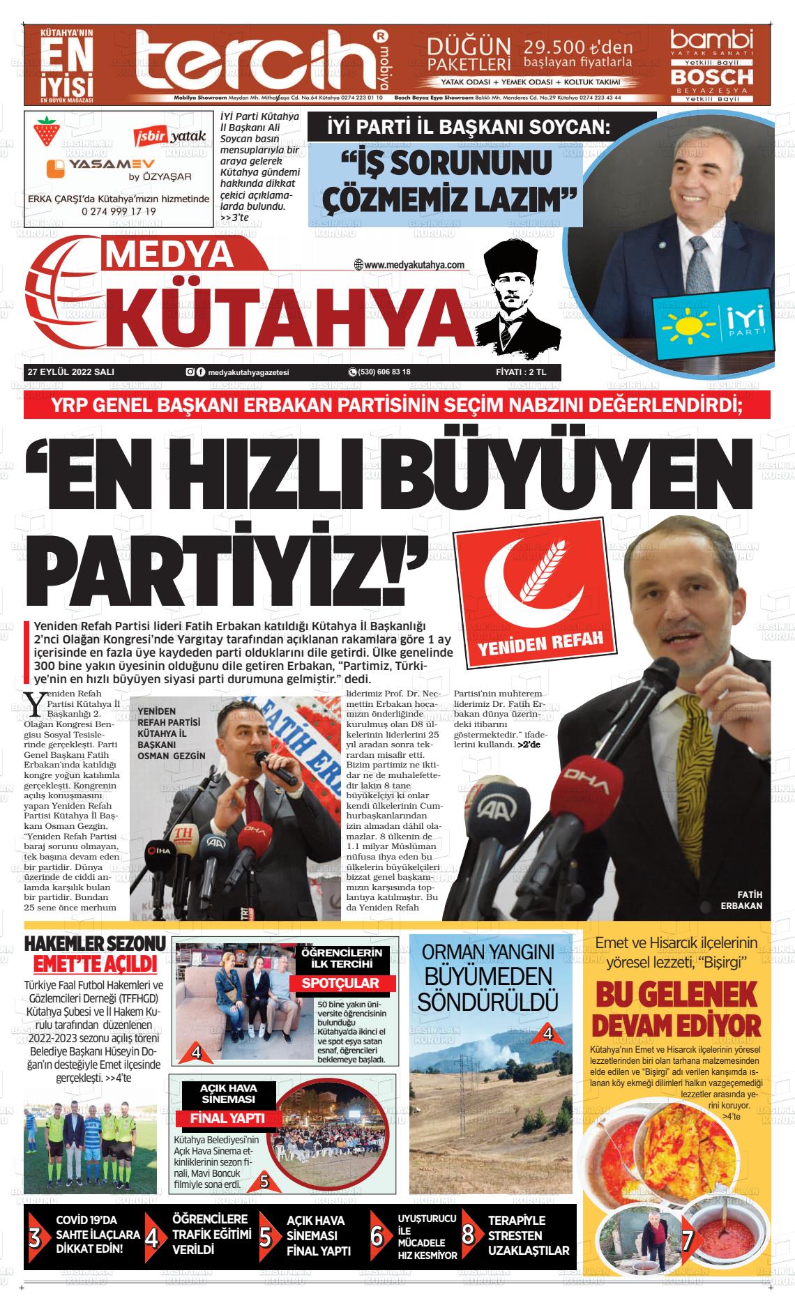 27 Eylül 2022 Medya Kütahya Gazete Manşeti
