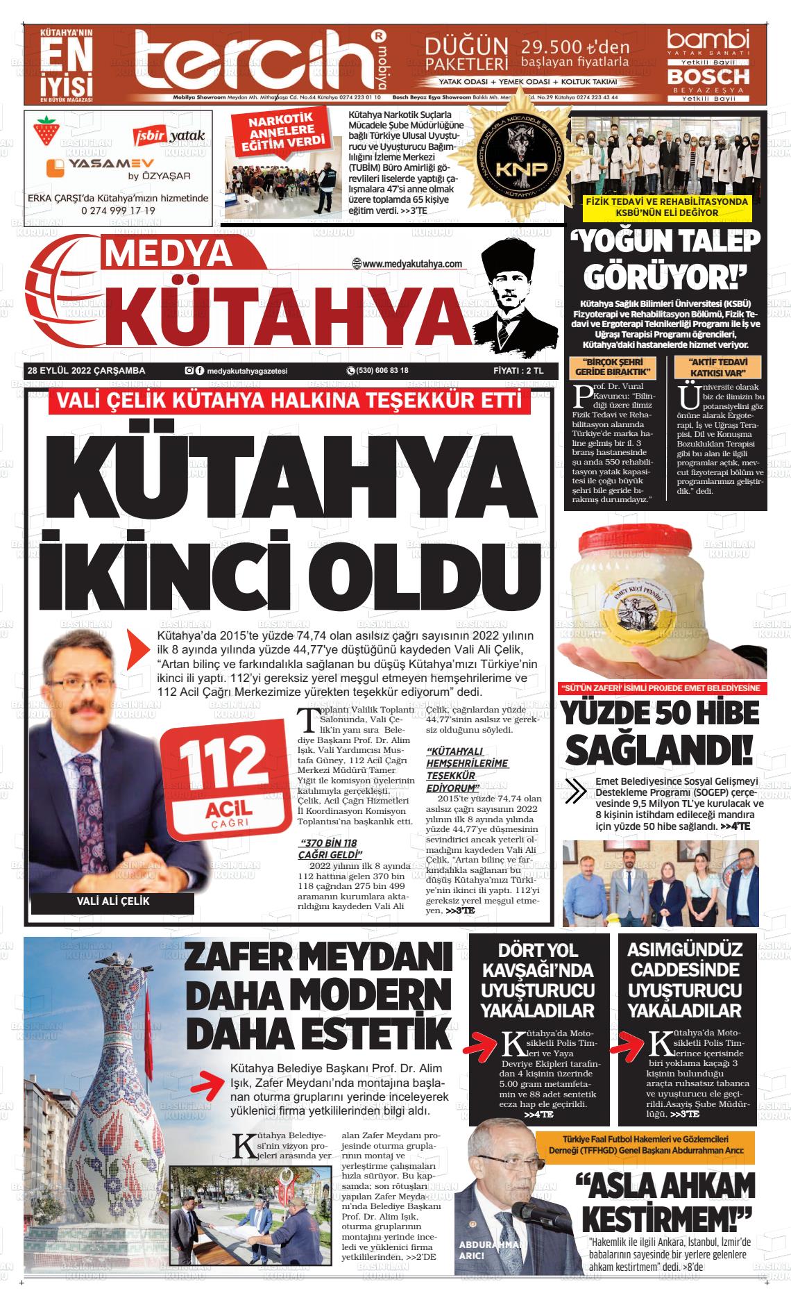 28 Eylül 2022 Medya Kütahya Gazete Manşeti
