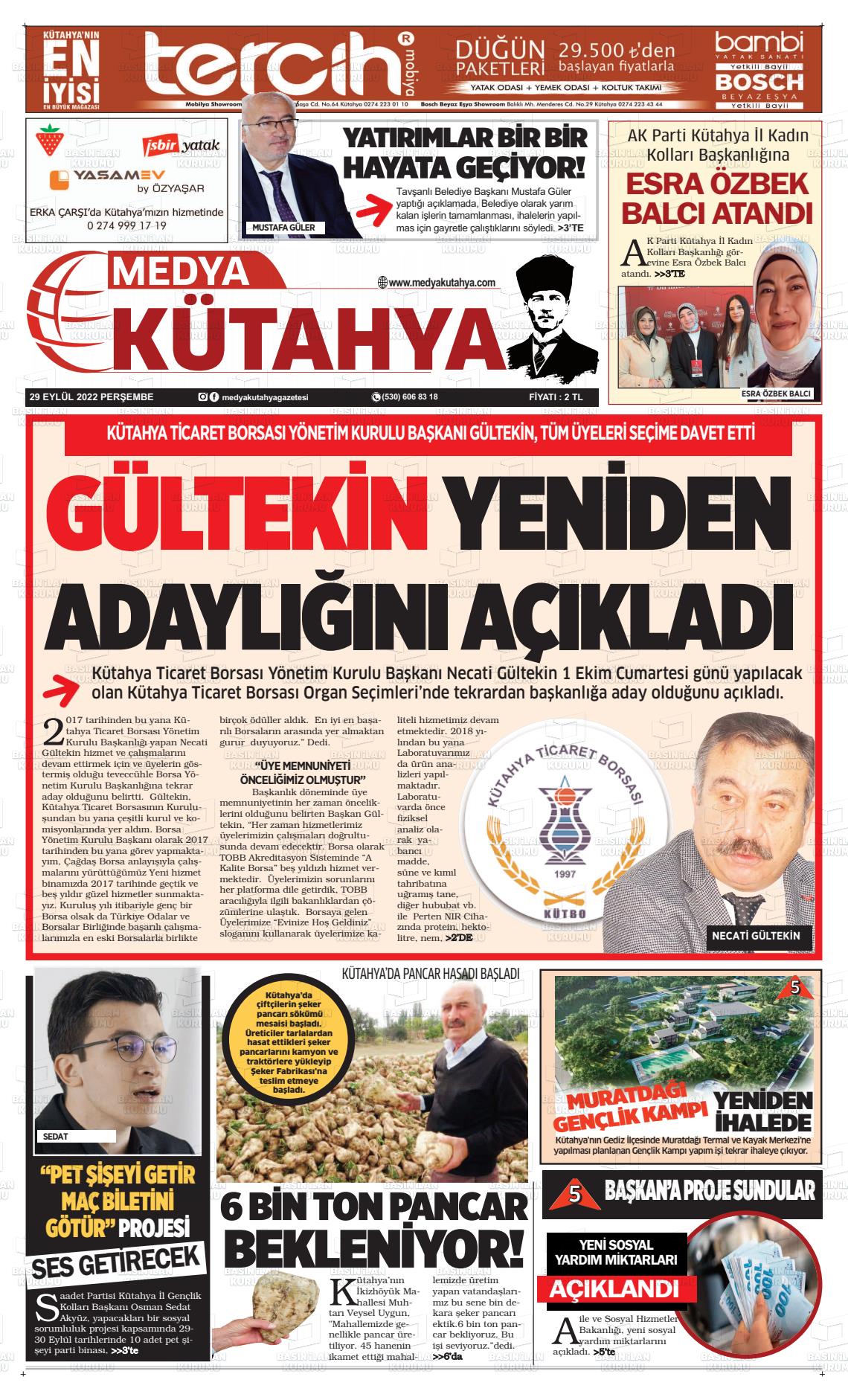 29 Eylül 2022 Medya Kütahya Gazete Manşeti