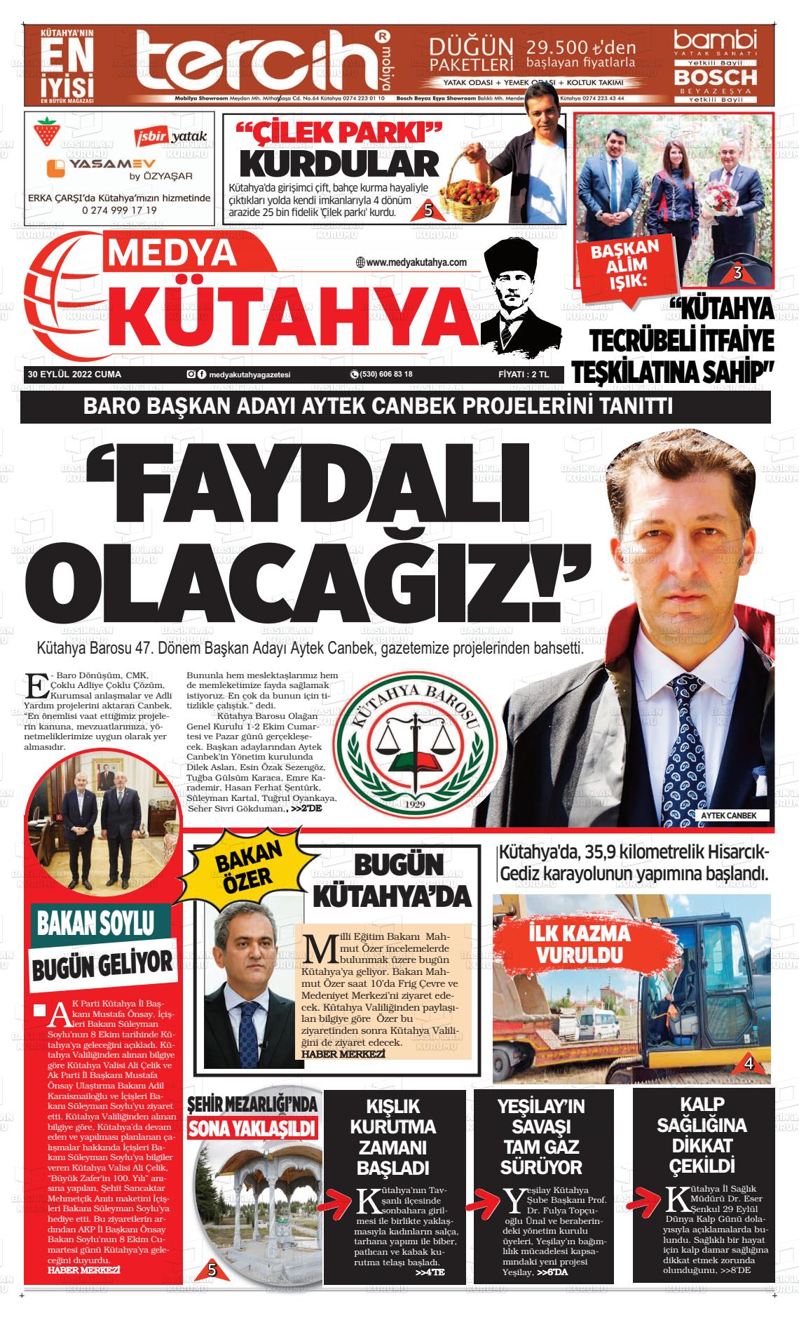 30 Eylül 2022 Medya Kütahya Gazete Manşeti