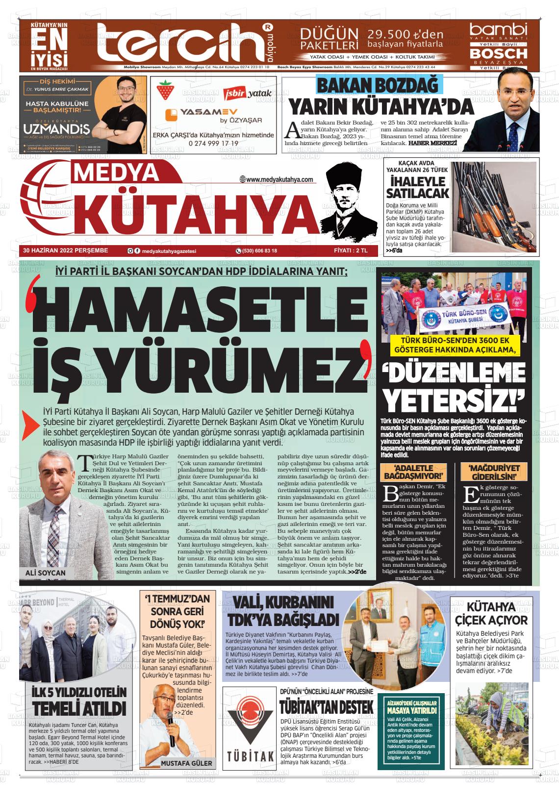 01 Temmuz 2022 Medya Kütahya Gazete Manşeti