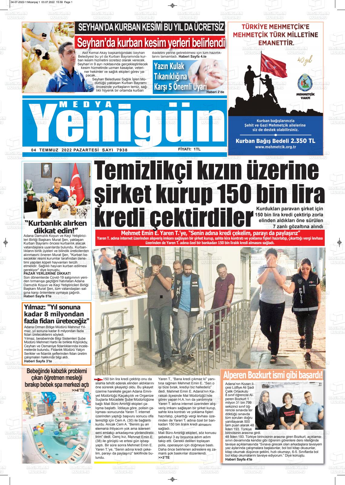 04 Temmuz 2022 Medya Yenigün Gazete Manşeti