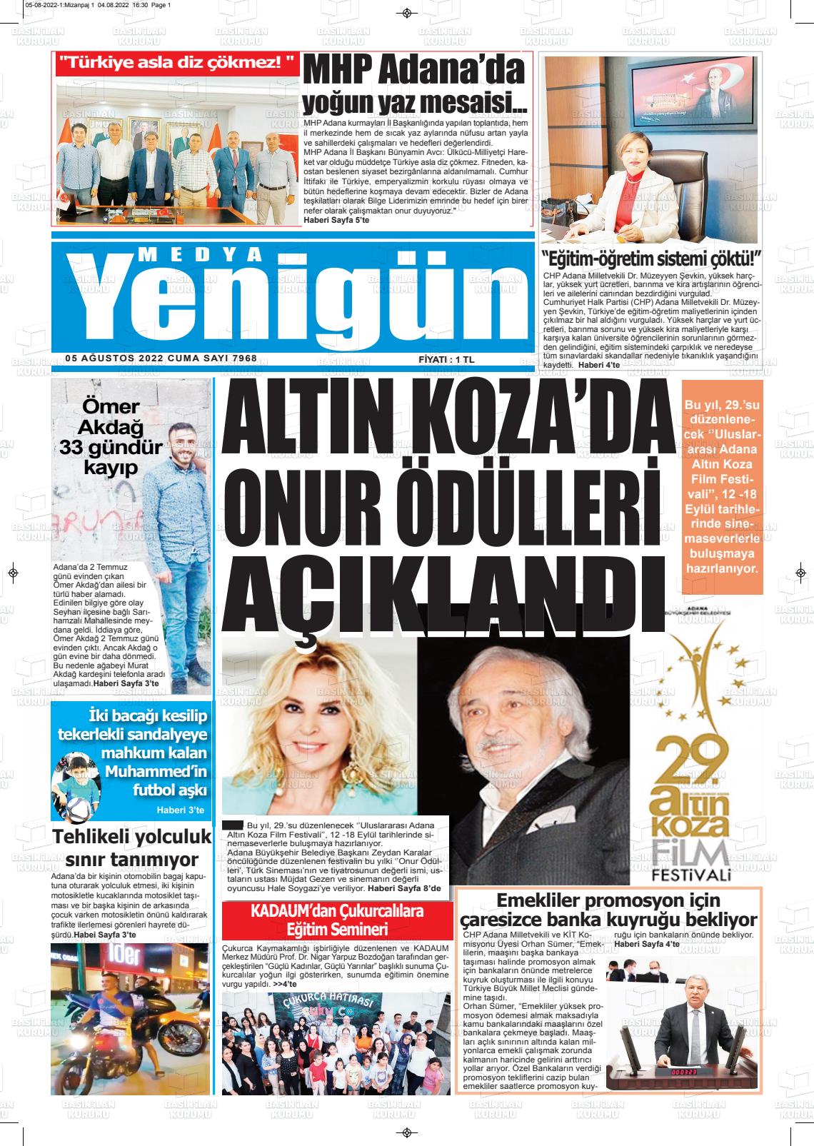 05 Ağustos 2022 Medya Yenigün Gazete Manşeti