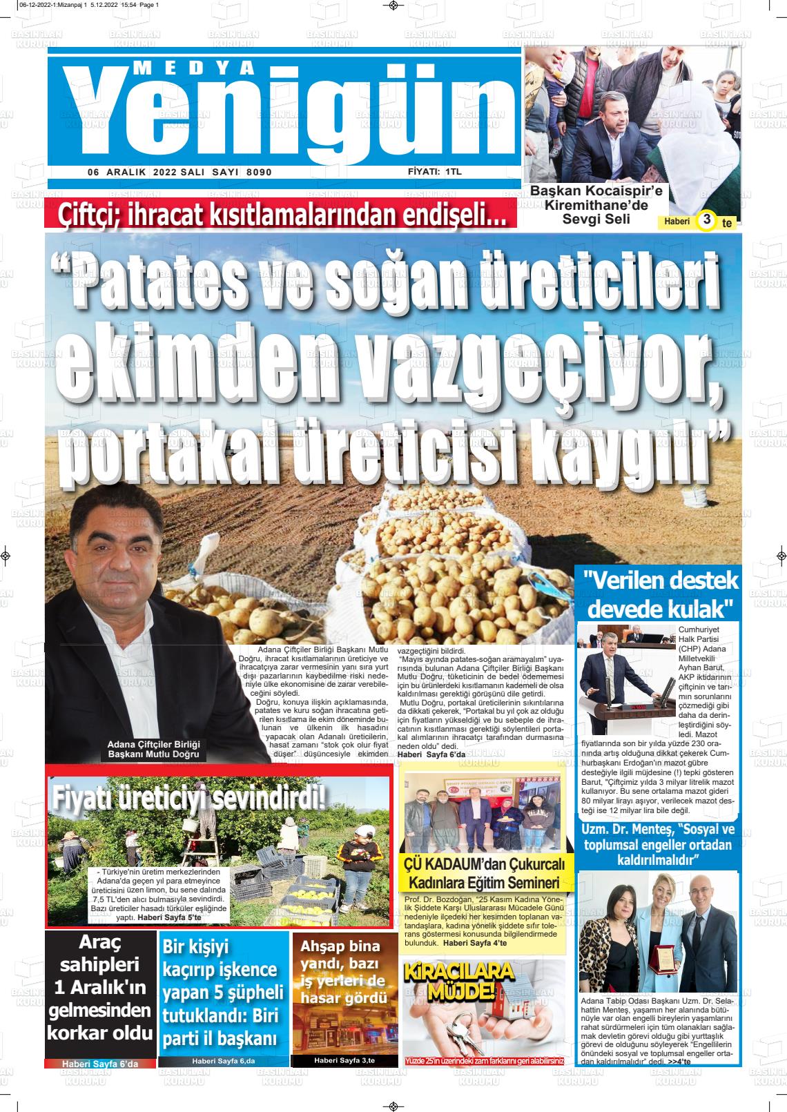 06 Aralık 2022 Medya Yenigün Gazete Manşeti