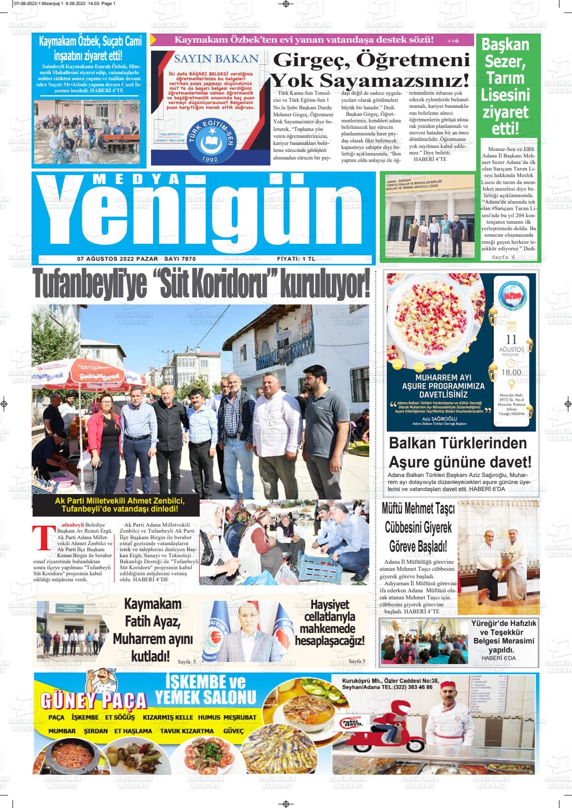07 Ağustos 2022 Medya Yenigün Gazete Manşeti
