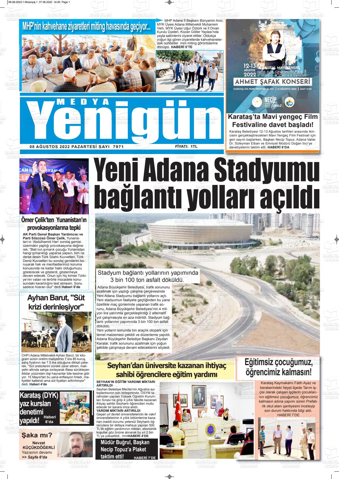 08 Ağustos 2022 Medya Yenigün Gazete Manşeti