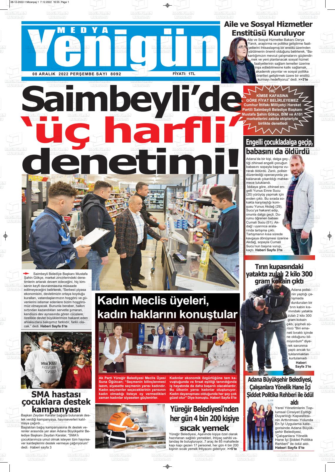 08 Aralık 2022 Medya Yenigün Gazete Manşeti