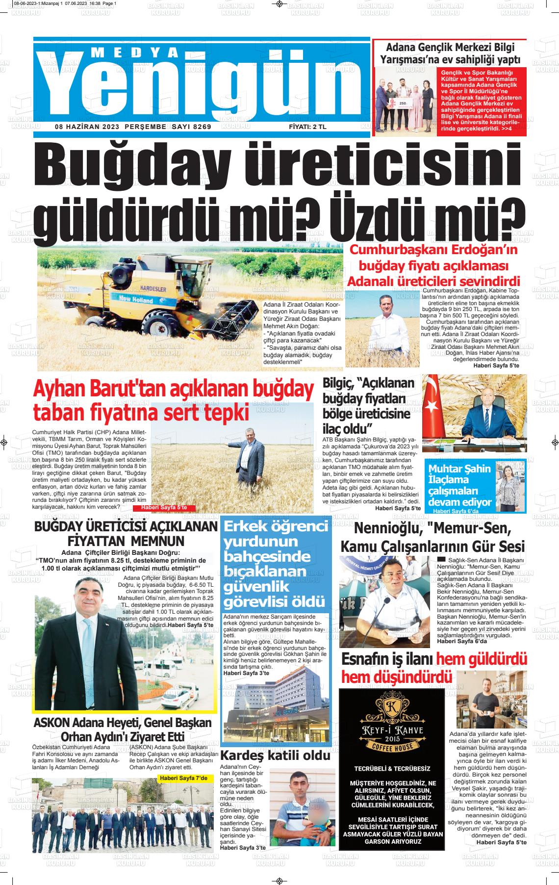 08 Haziran 2023 Medya Yenigün Gazete Manşeti