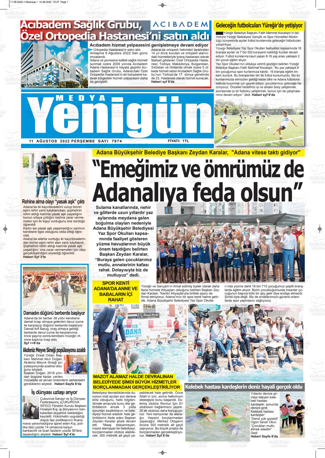 11 Ağustos 2022 Medya Yenigün Gazete Manşeti