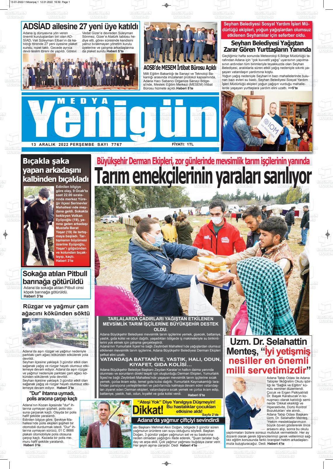 13 Ocak 2022 Medya Yenigün Gazete Manşeti