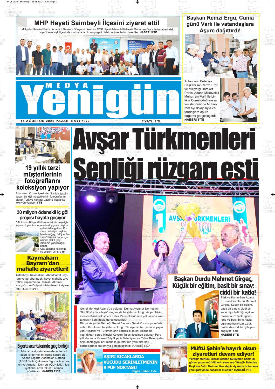 14 Ağustos 2022 Medya Yenigün Gazete Manşeti