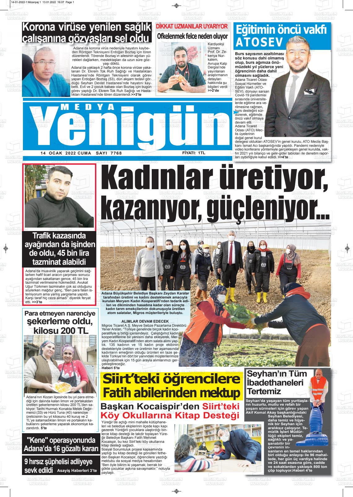 14 Ocak 2022 Medya Yenigün Gazete Manşeti