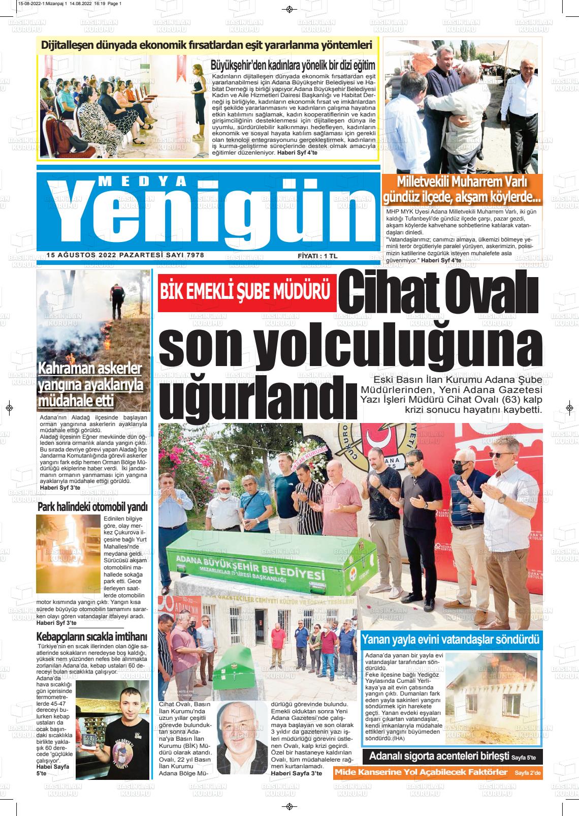 15 Ağustos 2022 Medya Yenigün Gazete Manşeti