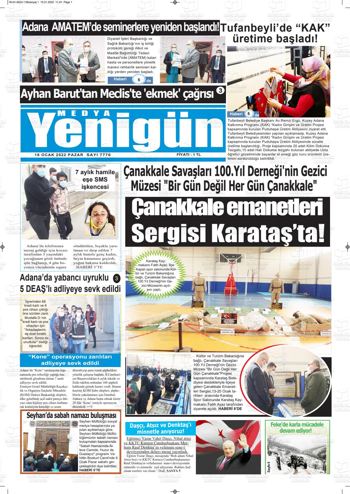 16 Ocak 2022 Medya Yenigün Gazete Manşeti