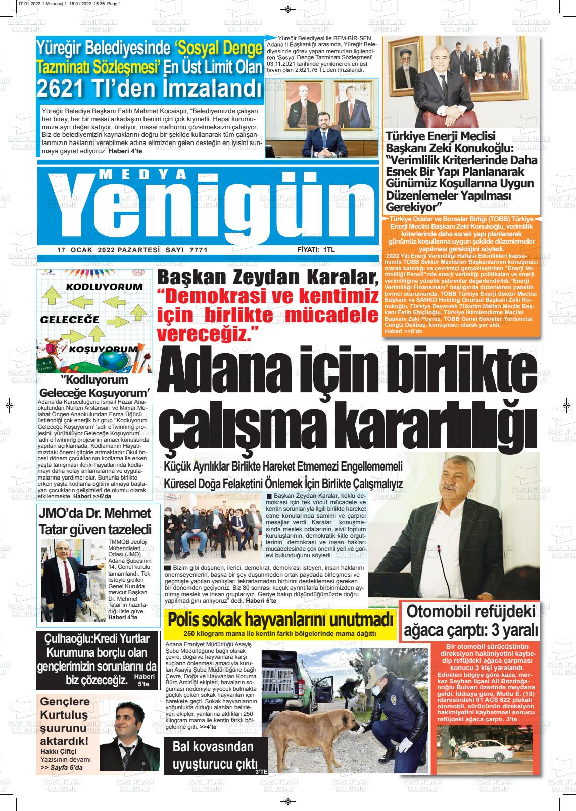 17 Ocak 2022 Medya Yenigün Gazete Manşeti