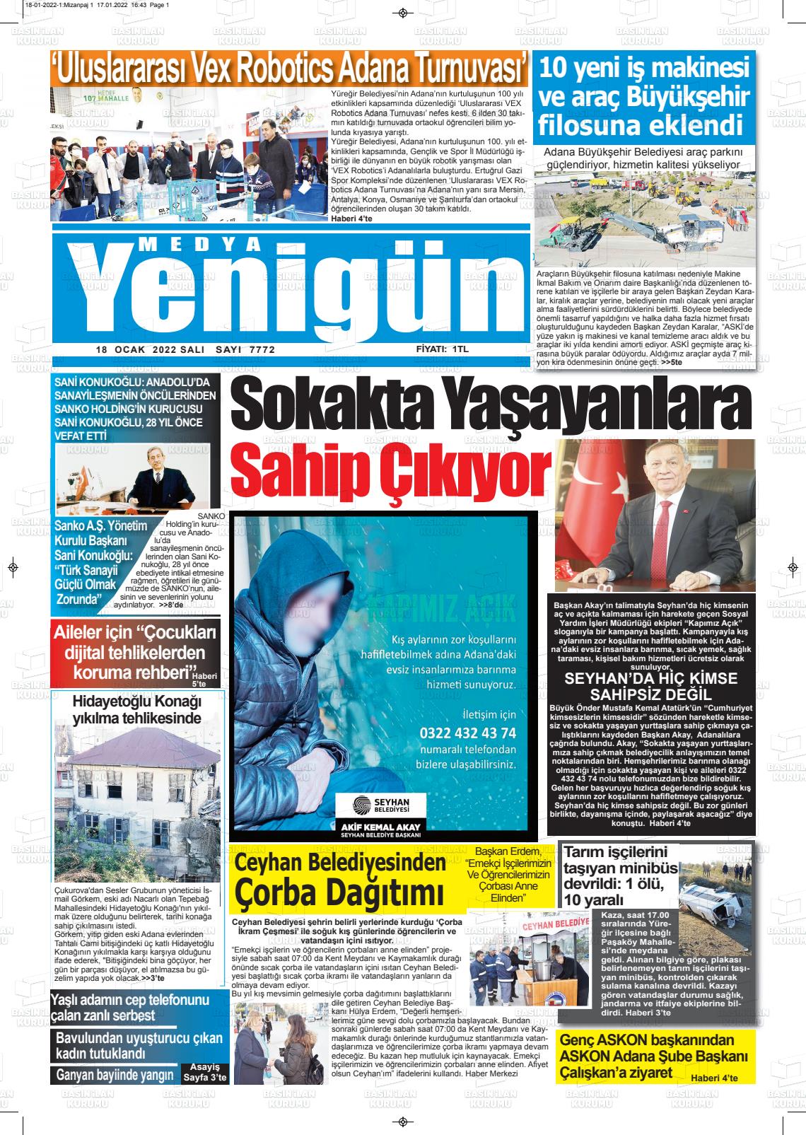 18 Ocak 2022 Medya Yenigün Gazete Manşeti