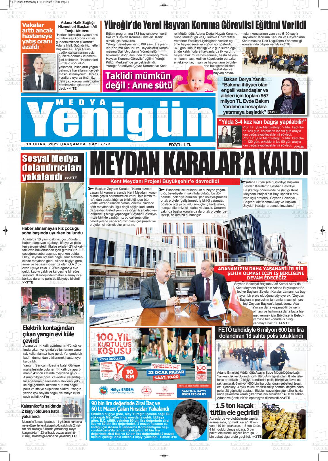 19 Ocak 2022 Medya Yenigün Gazete Manşeti