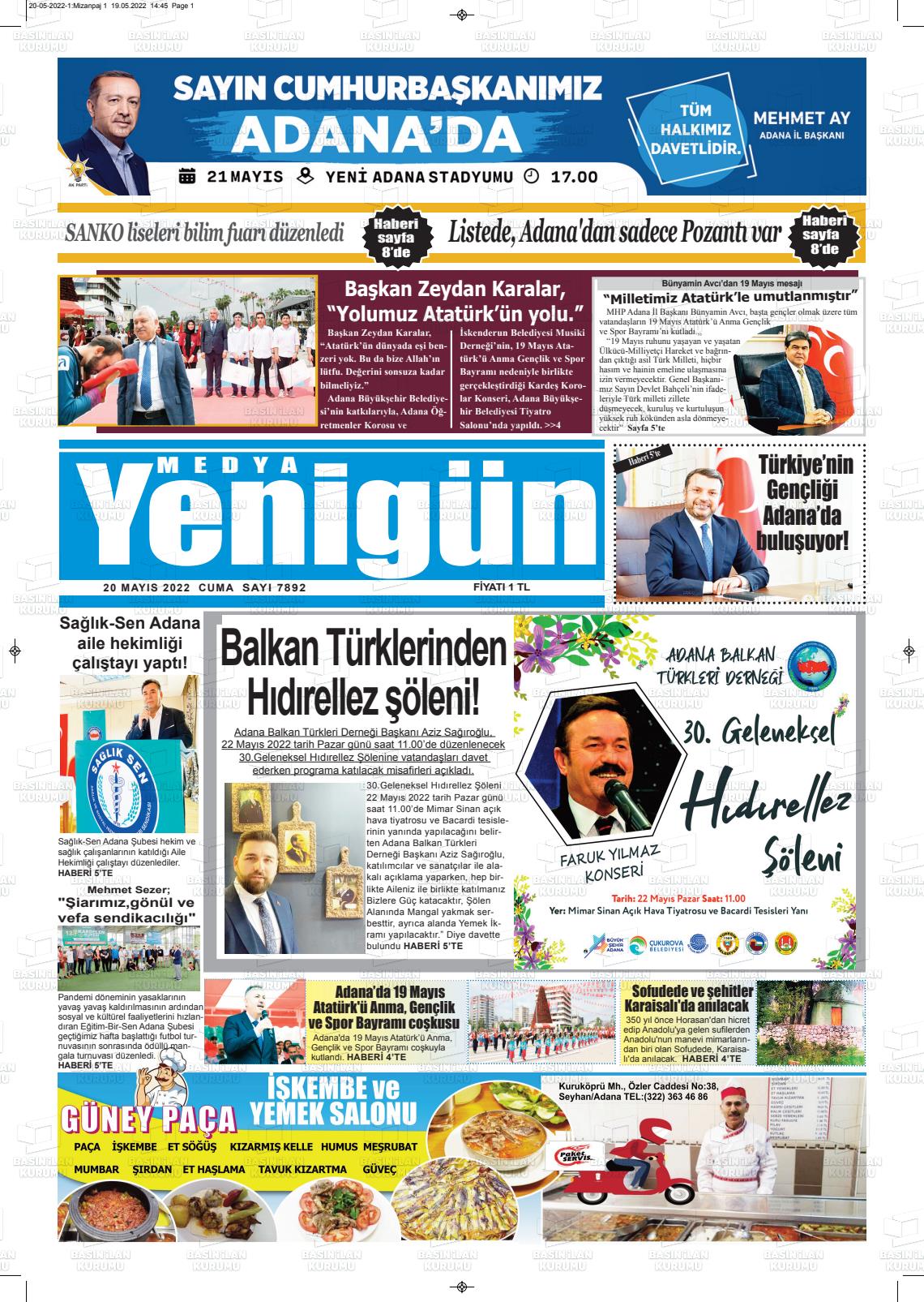 20 Mayıs 2022 Medya Yenigün Gazete Manşeti