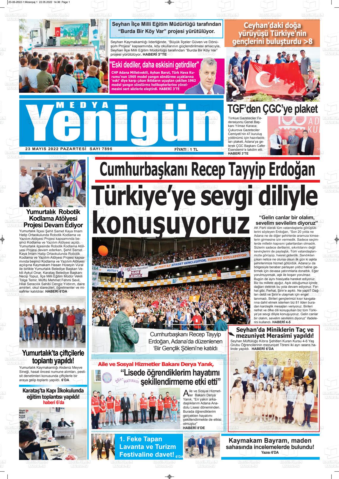 23 Mayıs 2022 Medya Yenigün Gazete Manşeti