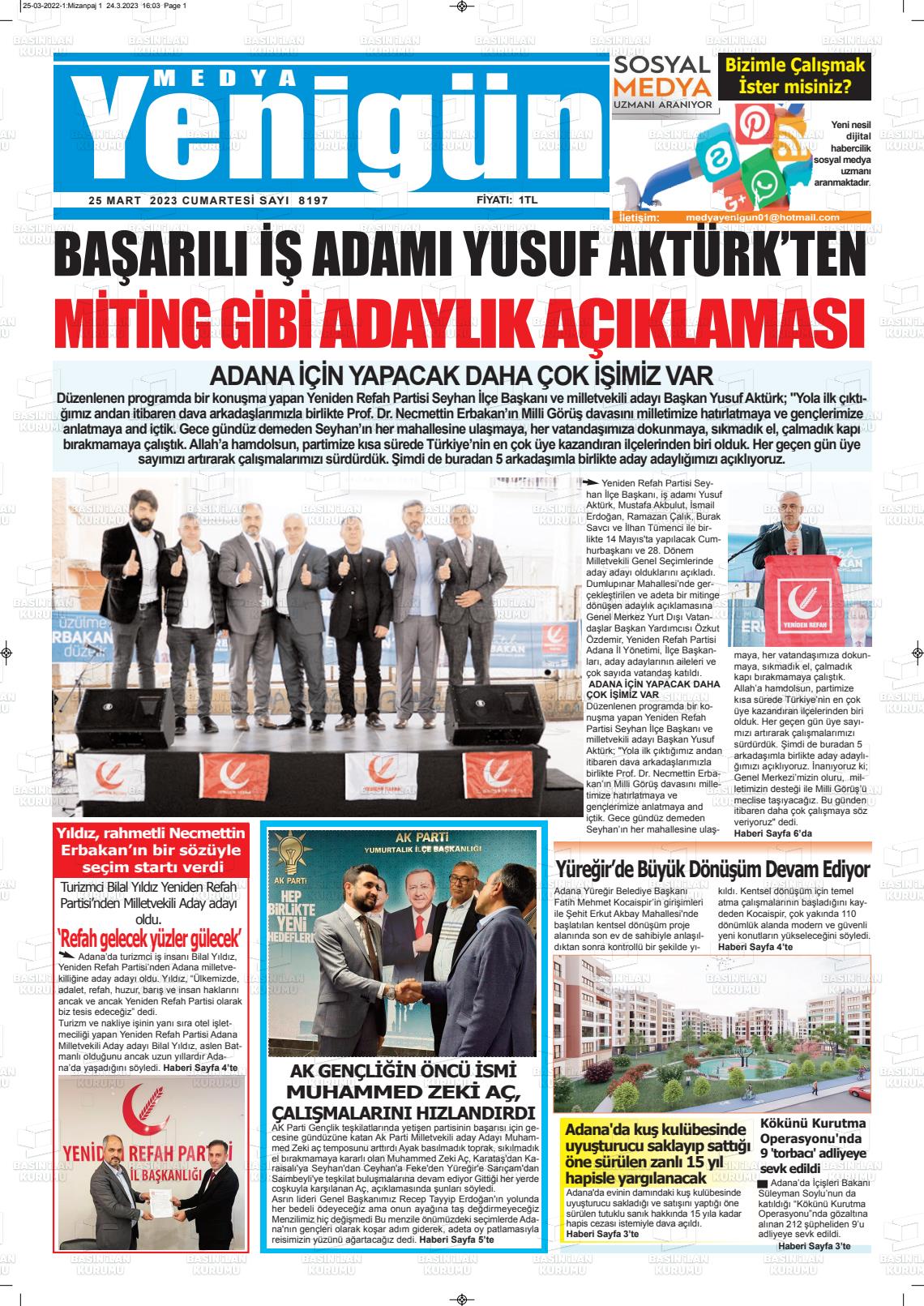 25 Mart 2023 Medya Yenigün Gazete Manşeti