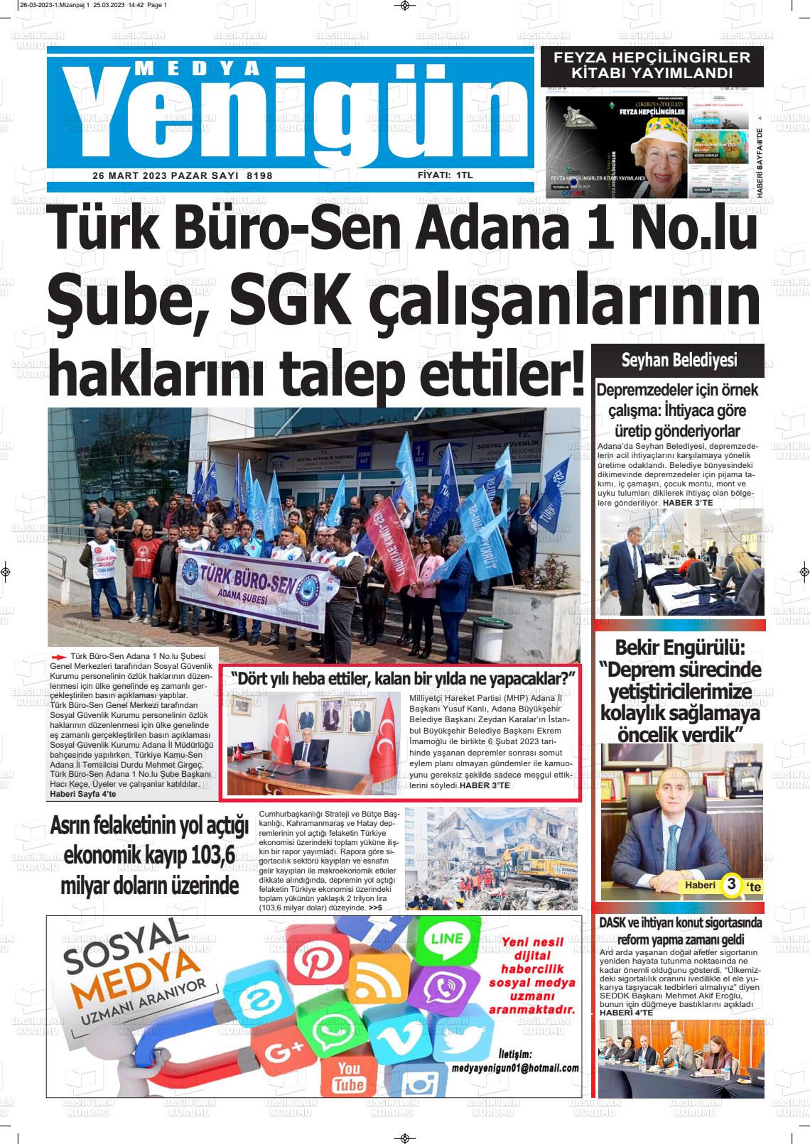 26 Mart 2023 Medya Yenigün Gazete Manşeti