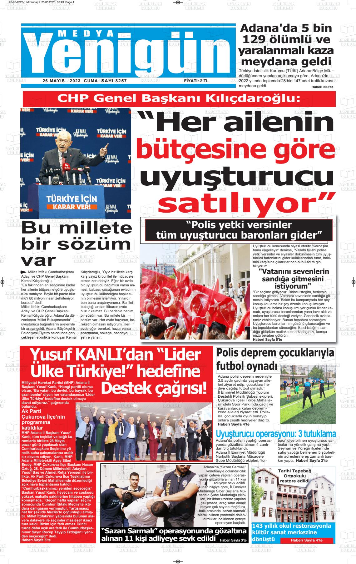 26 Mayıs 2023 Medya Yenigün Gazete Manşeti