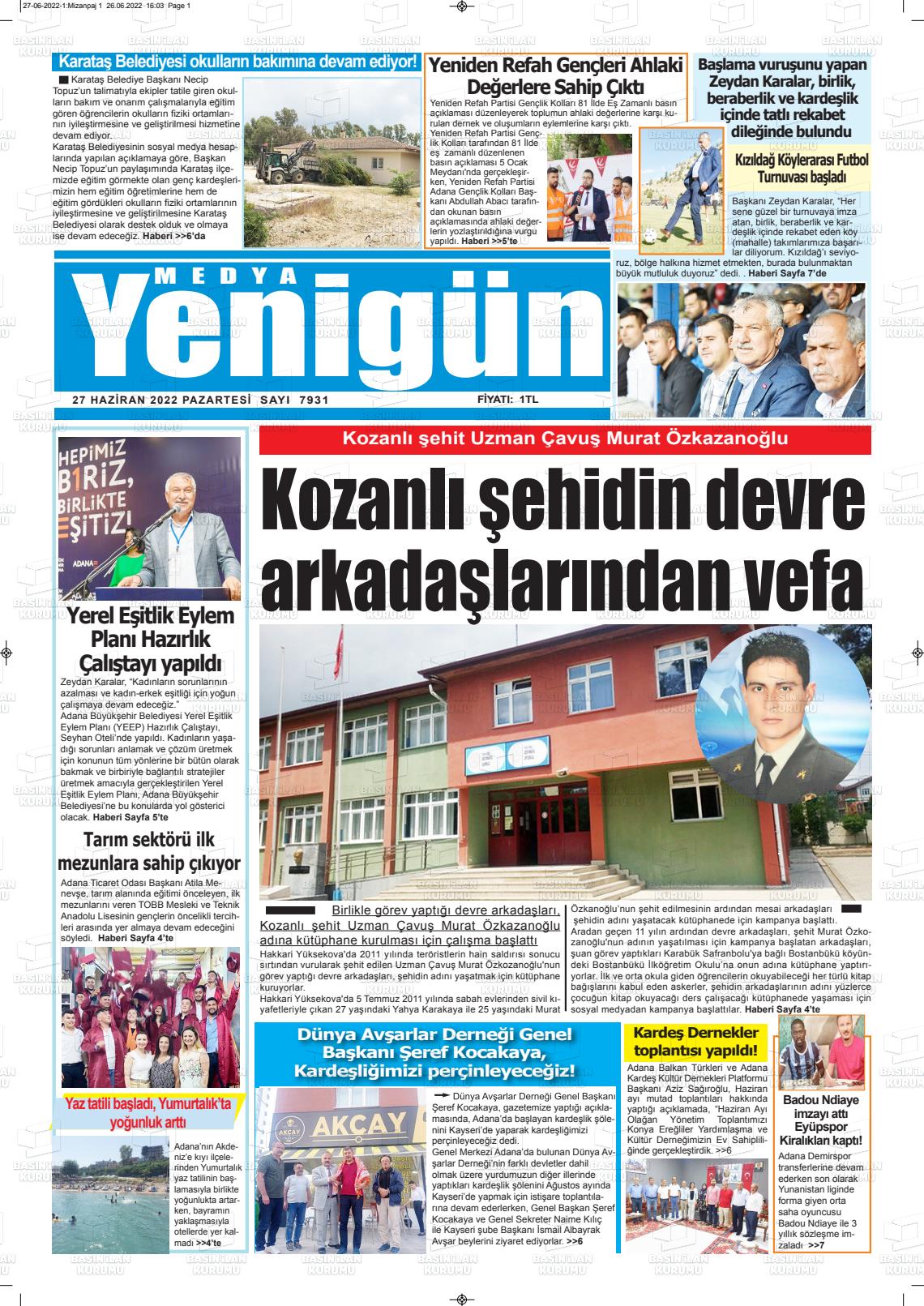 27 Haziran 2022 Medya Yenigün Gazete Manşeti