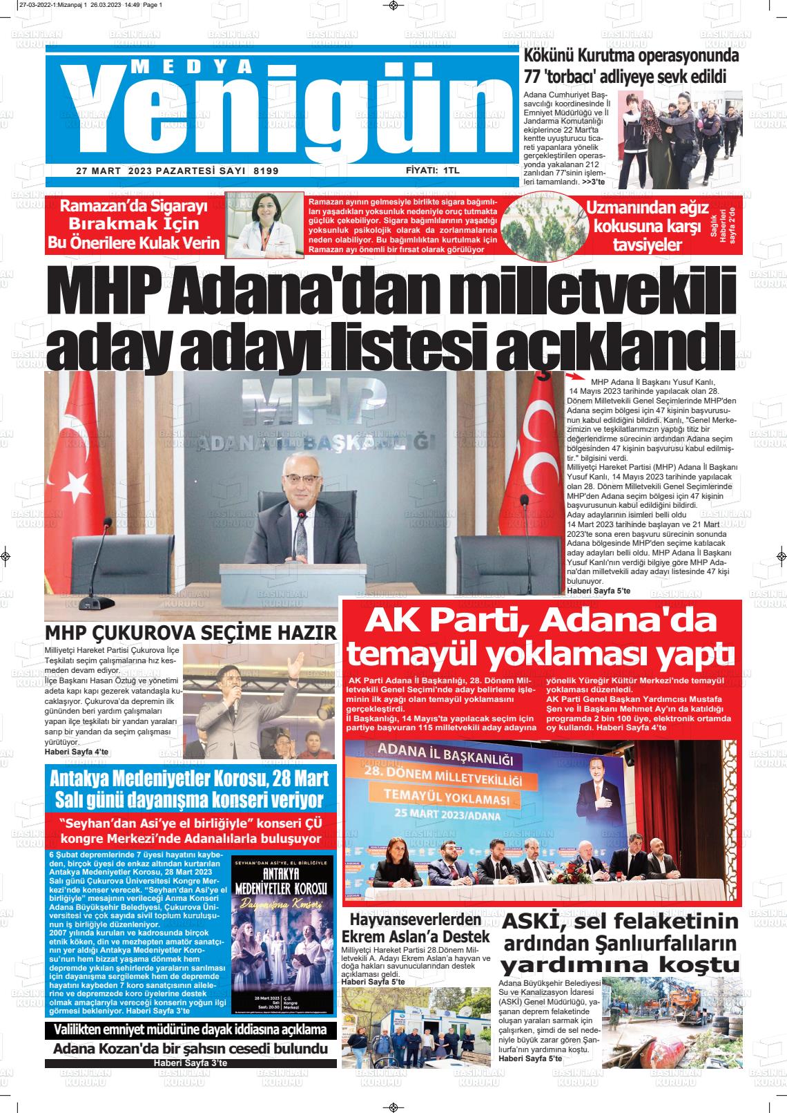 27 Mart 2023 Medya Yenigün Gazete Manşeti