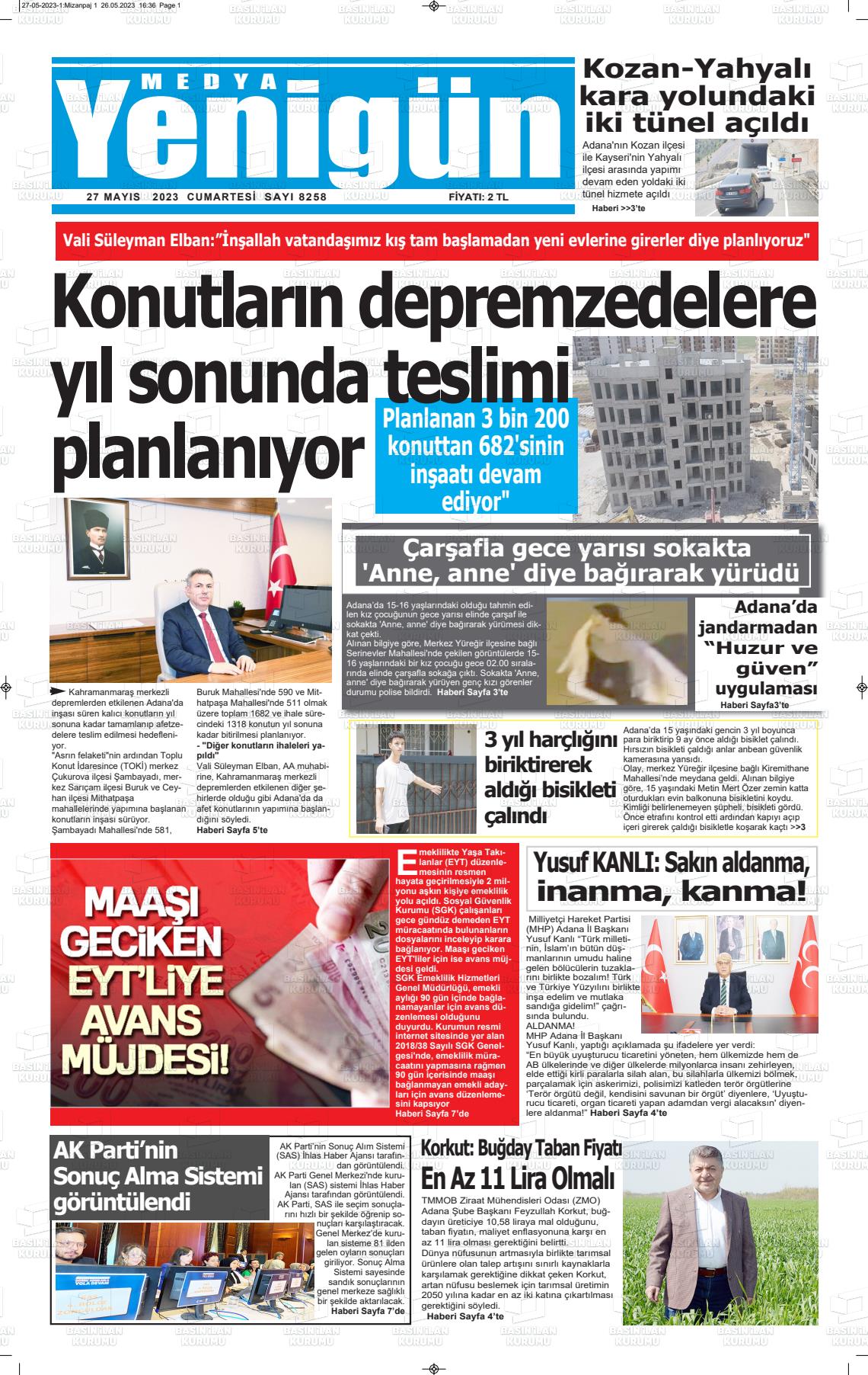 27 Mayıs 2023 Medya Yenigün Gazete Manşeti