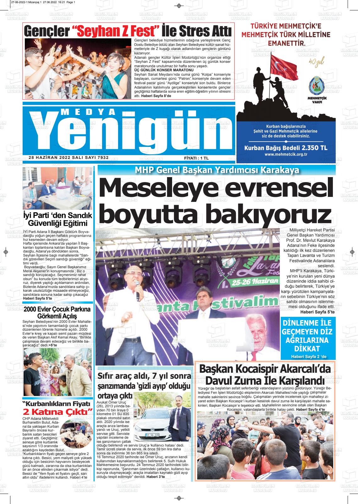 28 Haziran 2022 Medya Yenigün Gazete Manşeti