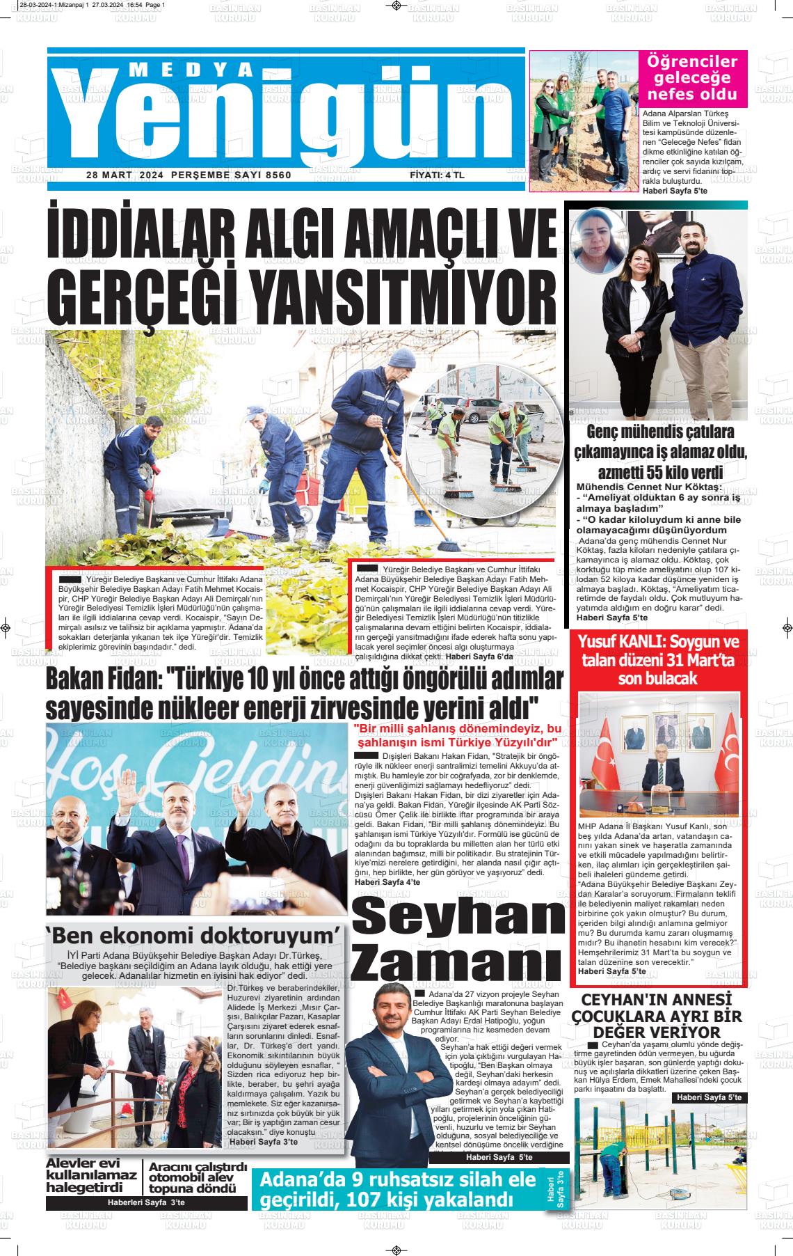 28 Mart 2024 Medya Yenigün Gazete Manşeti