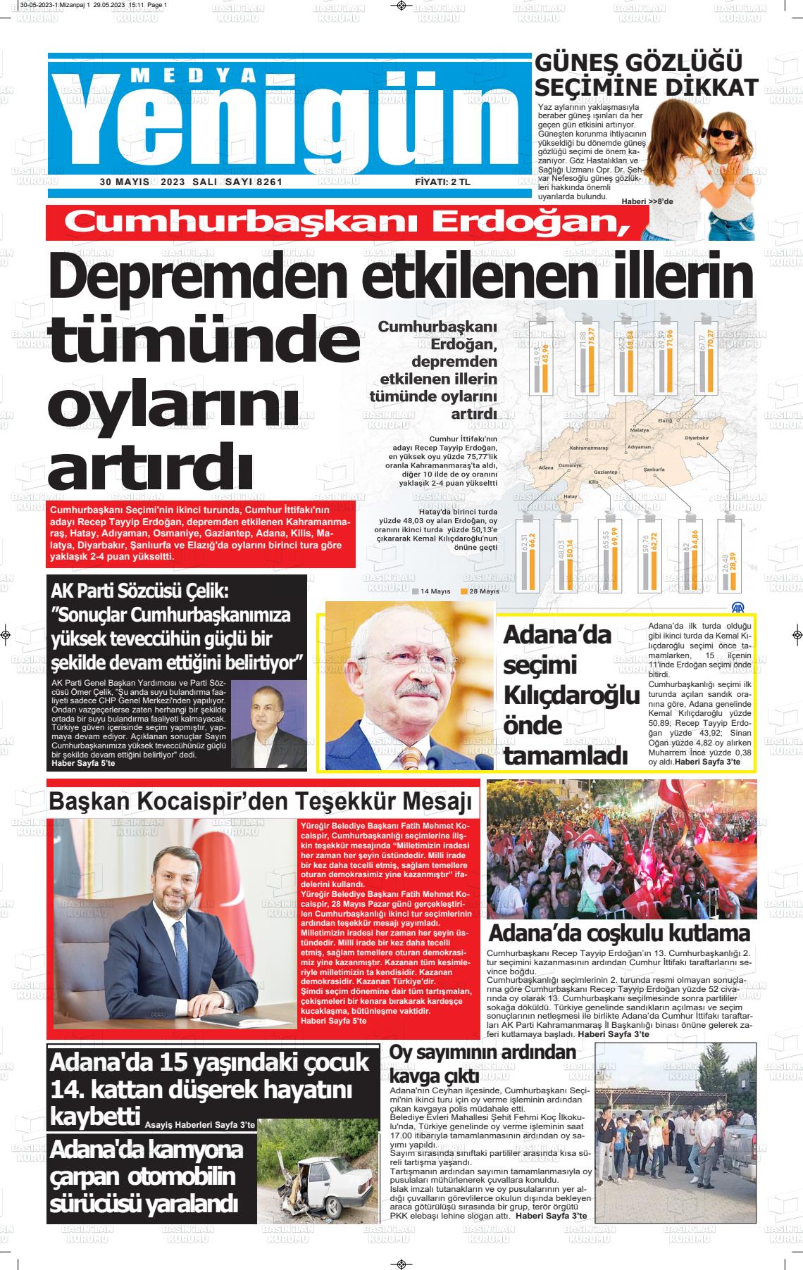 30 Mayıs 2023 Medya Yenigün Gazete Manşeti