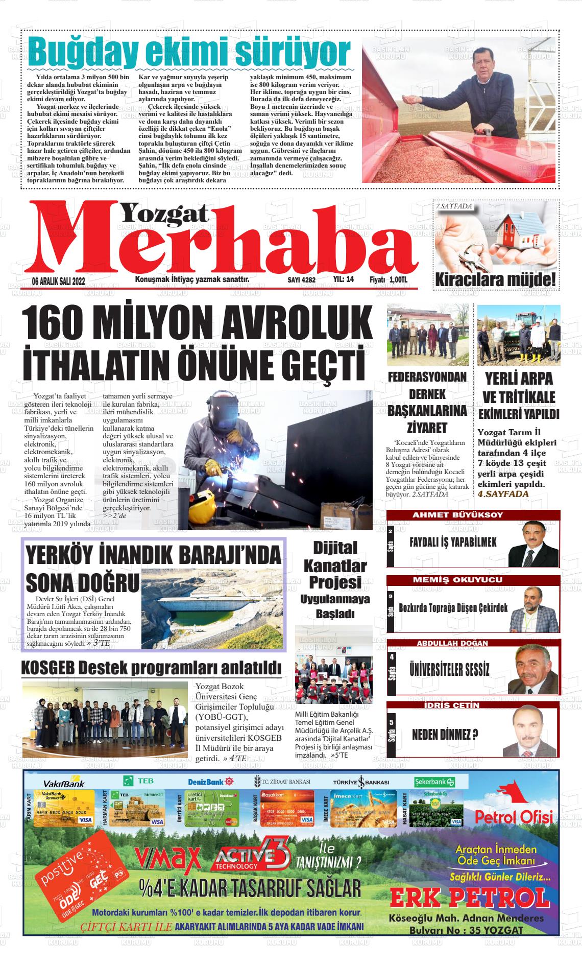 06 Aralık 2022 Merhaba Yozgat Gazete Manşeti