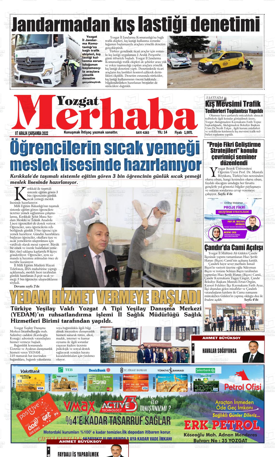 07 Aralık 2022 Merhaba Yozgat Gazete Manşeti