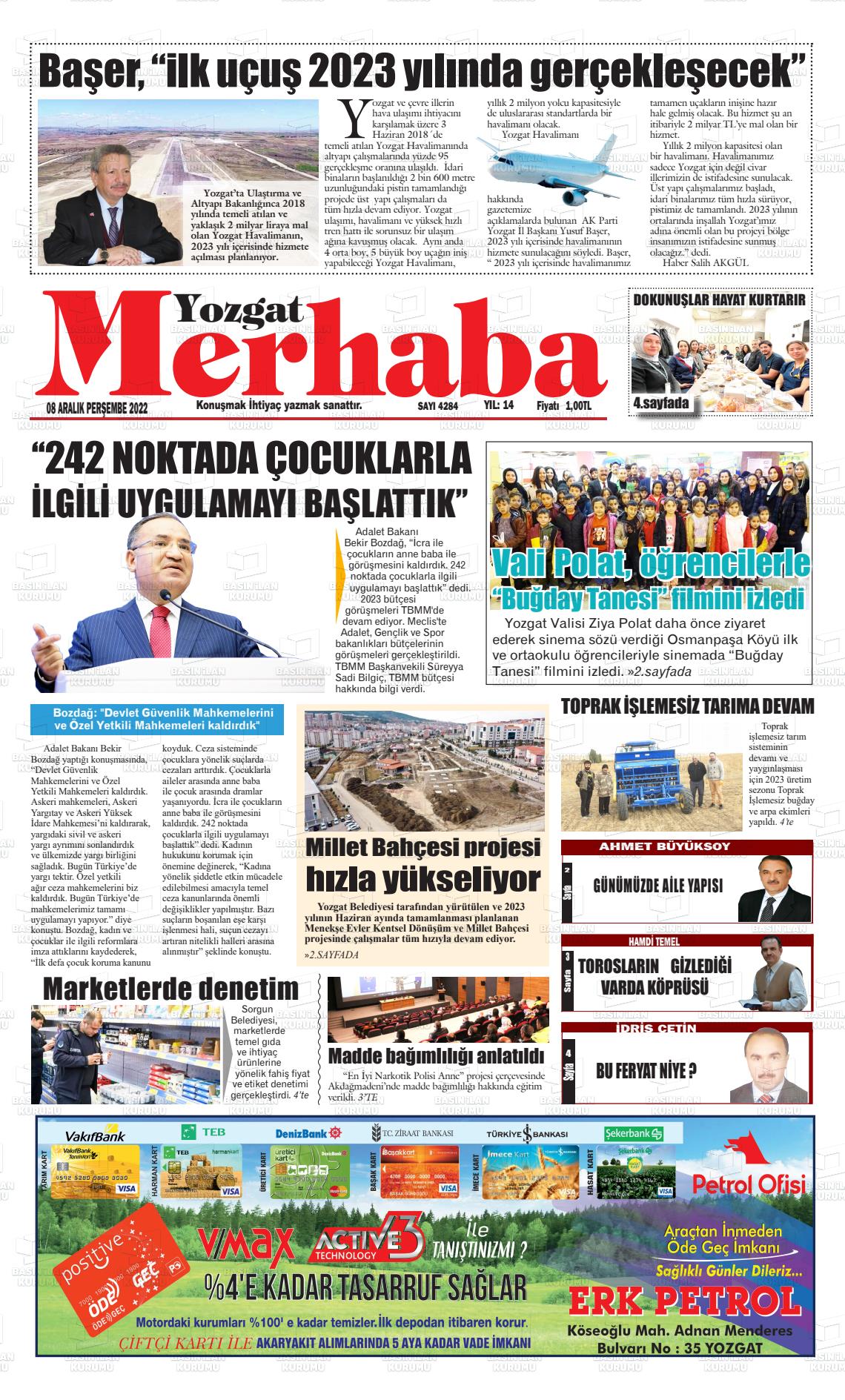 08 Aralık 2022 Merhaba Yozgat Gazete Manşeti