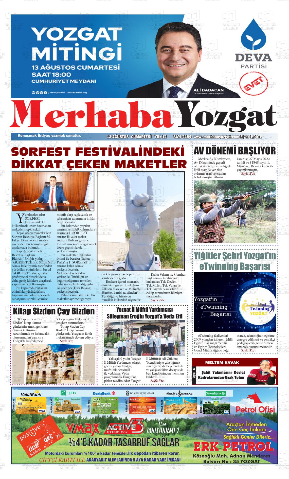 13 Ağustos 2022 Merhaba Yozgat Gazete Manşeti