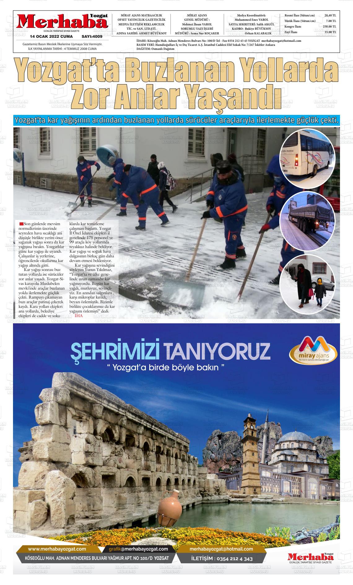 14 Ocak 2022 Merhaba Yozgat Gazete Manşeti