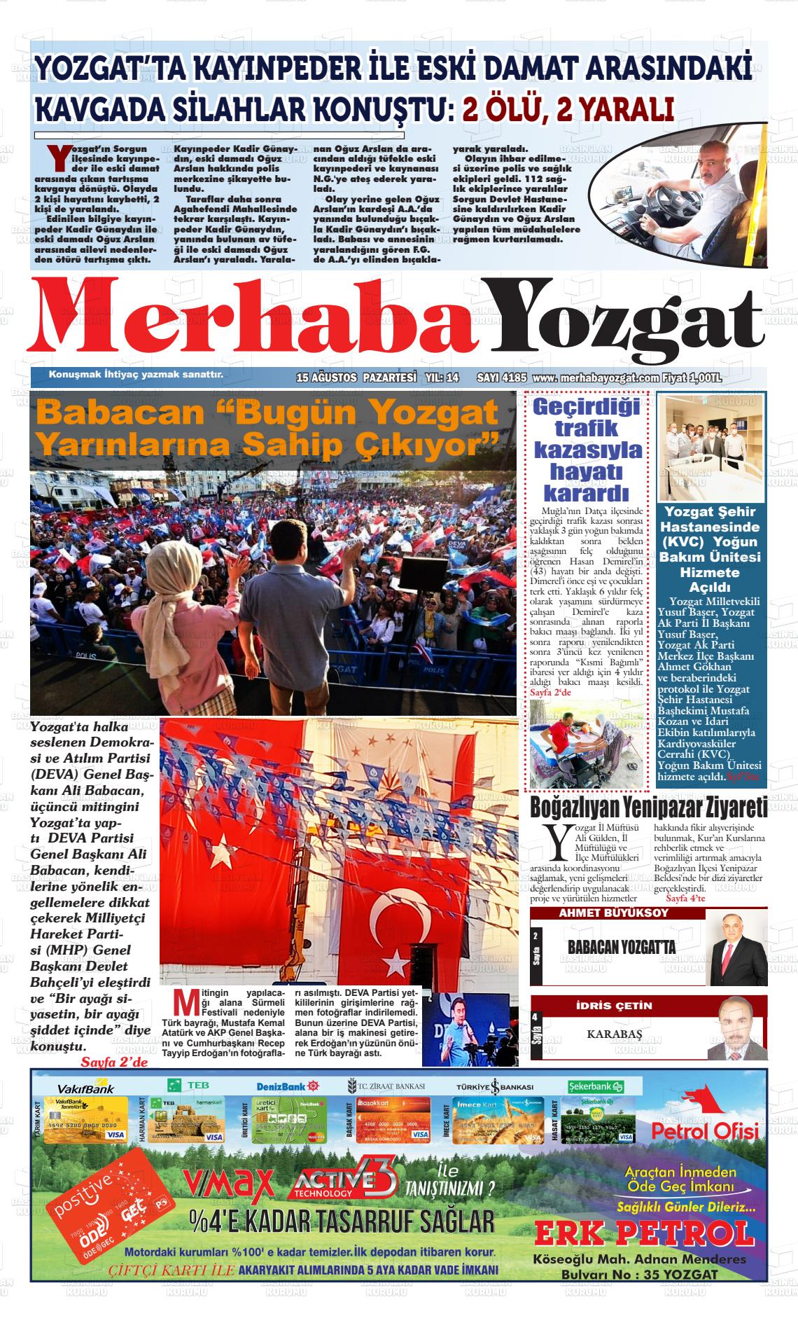 15 Ağustos 2022 Merhaba Yozgat Gazete Manşeti