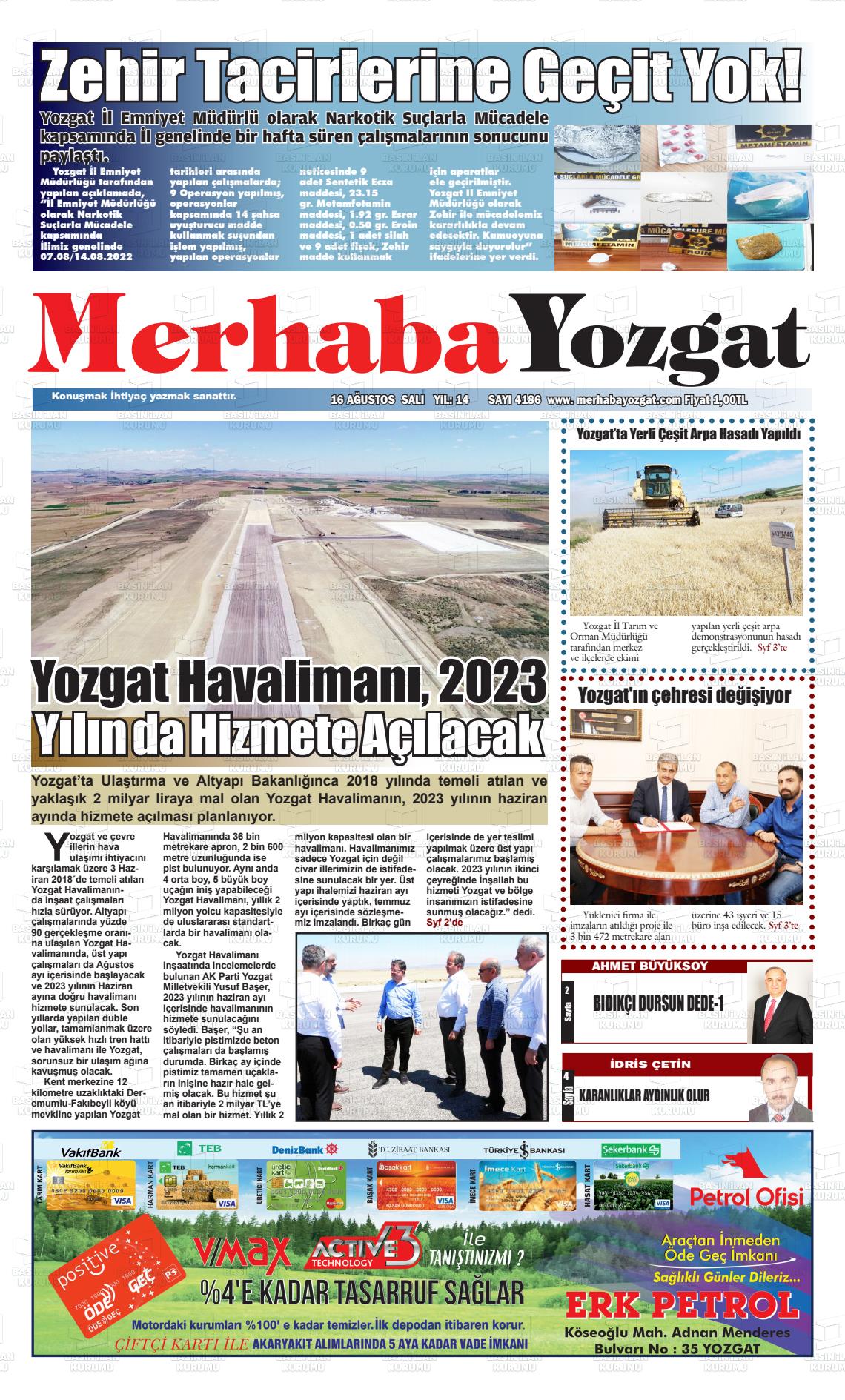 16 Ağustos 2022 Merhaba Yozgat Gazete Manşeti