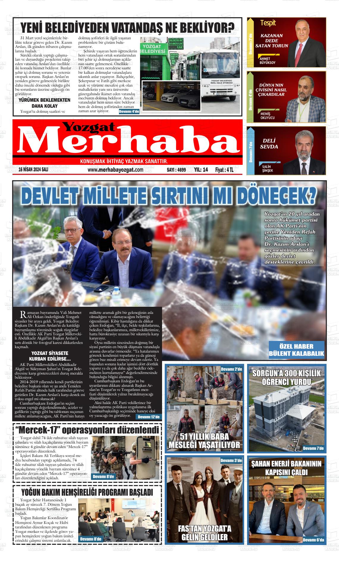 18 Nisan 2024 Merhaba Yozgat Gazete Manşeti
