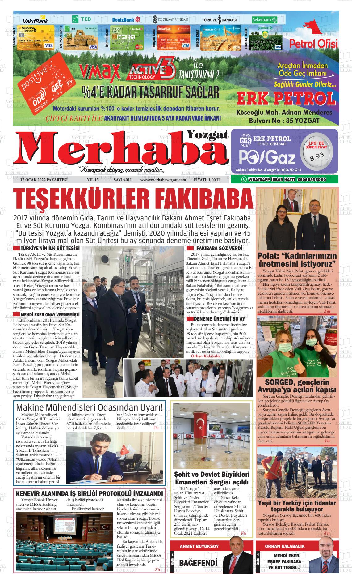 17 Ocak 2022 Merhaba Yozgat Gazete Manşeti